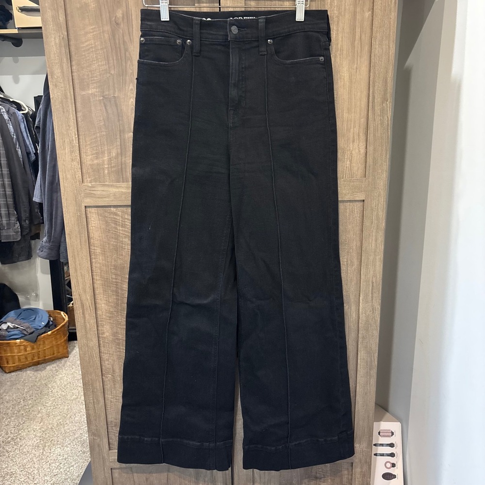 J.Crew Wide Leg Trouser Jeans Stretch Black High Rise Seam Front Denim 29